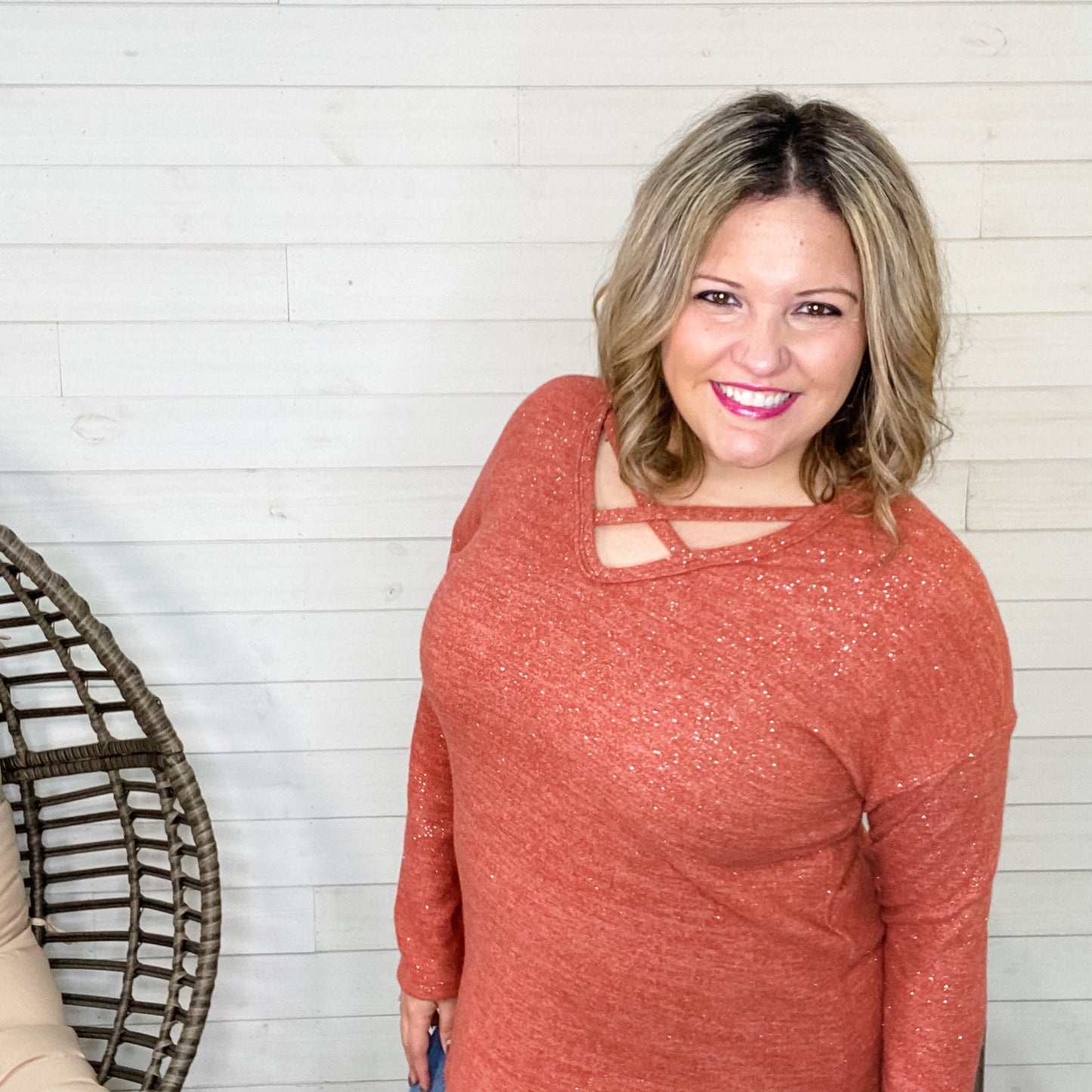 "Rustic Charm" Long Sleeve Sparkle Criss Cross Front
