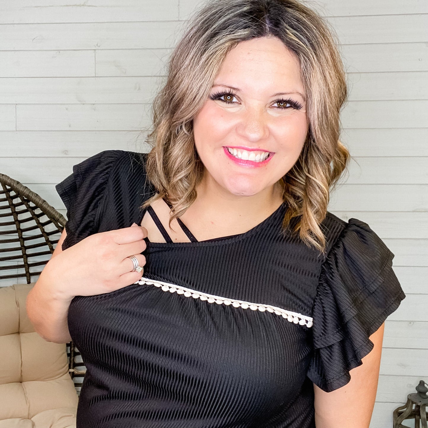"Ryland" Double Ruffle Cap Sleeve (Black and Coral)