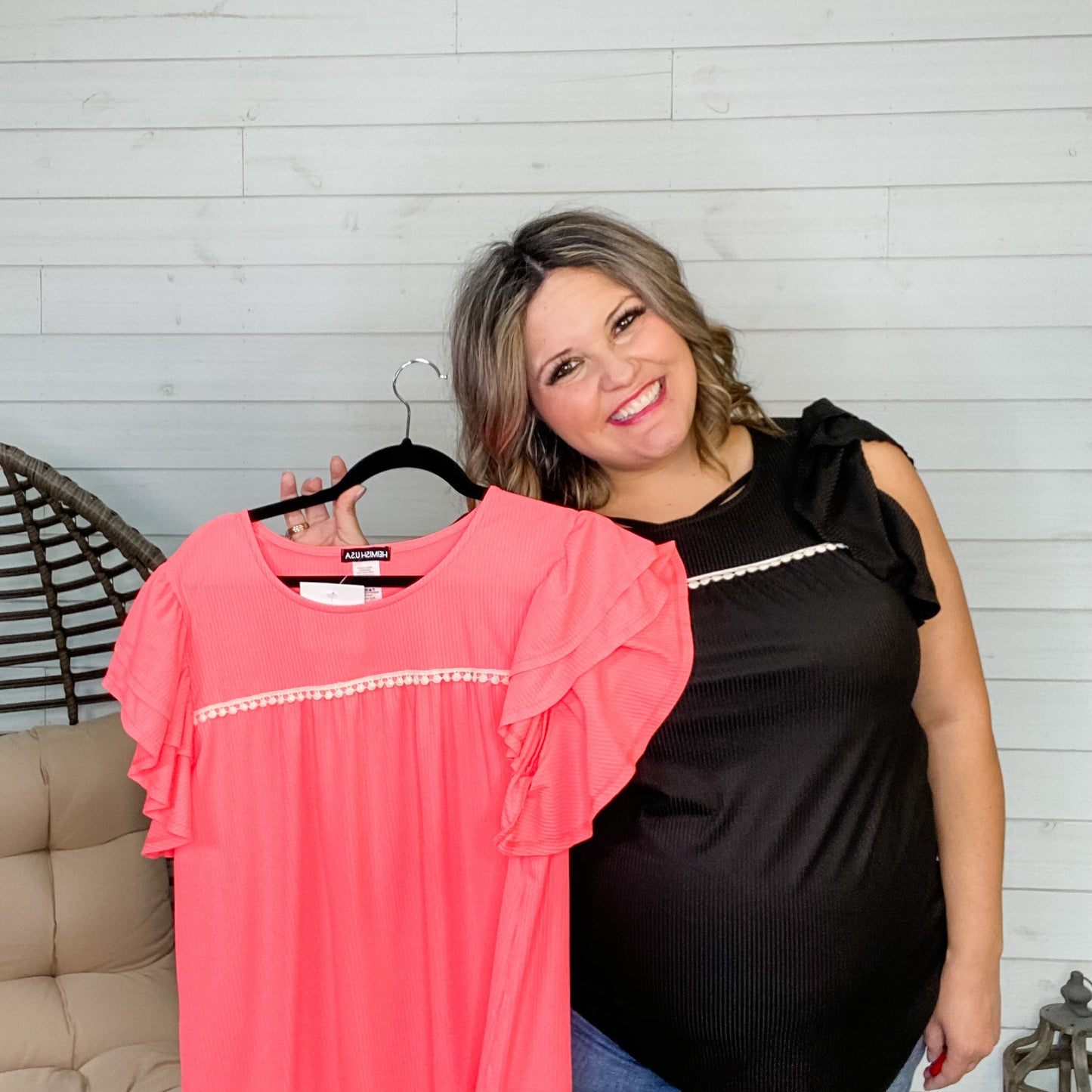 "Ryland" Double Ruffle Cap Sleeve (Black and Coral)