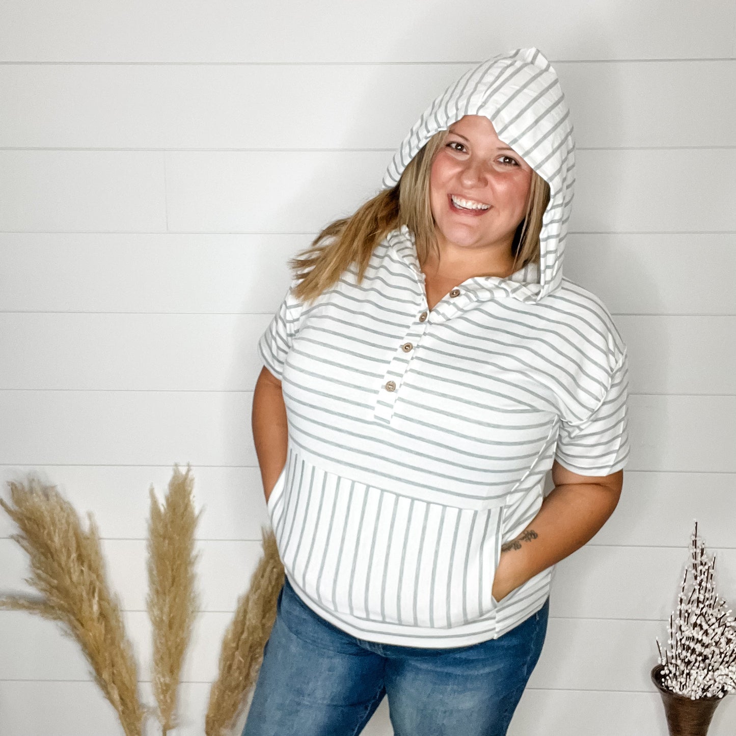 "Sail Away with Me" Short Sleeve Hoodie with Front Pocket