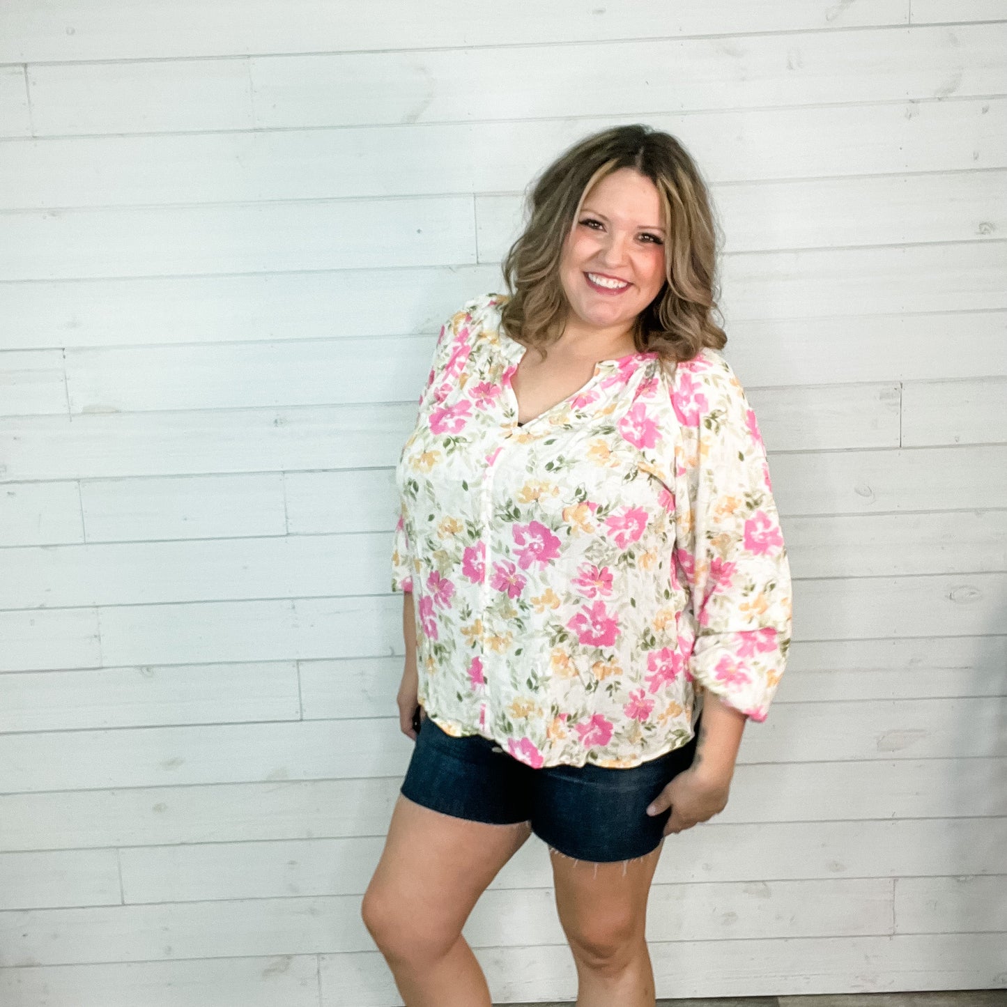"Salutations" Floral Long Sleeve Split Neck with Faux Buttons