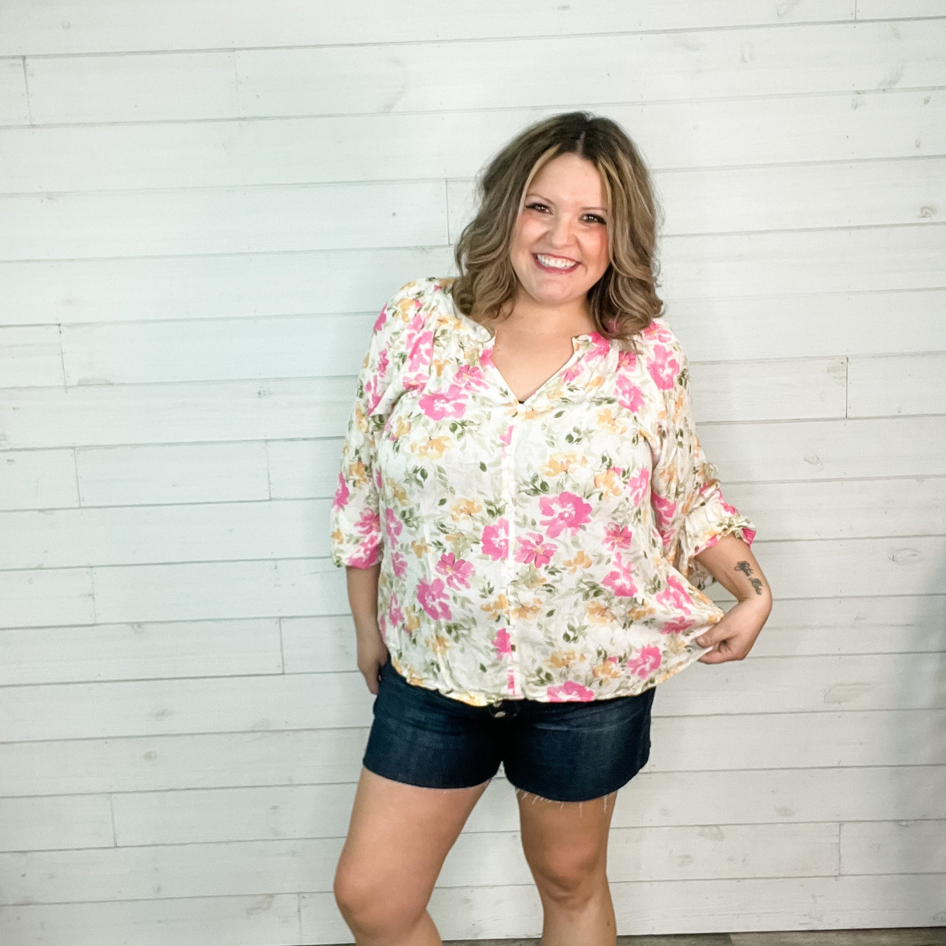 "Salutations" Floral Long Sleeve Split Neck with Faux Buttons