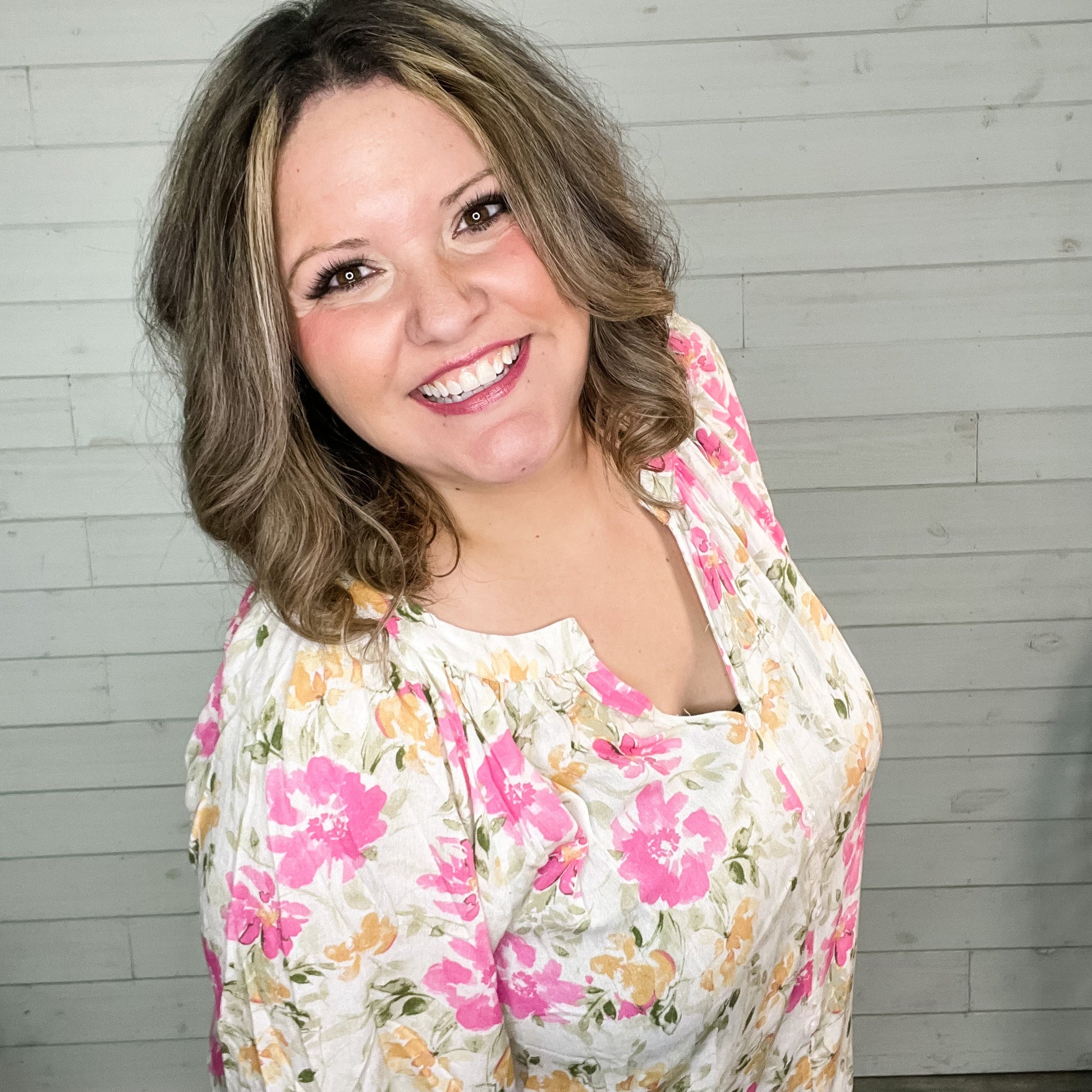 "Salutations" Floral Long Sleeve Split Neck with Faux Buttons