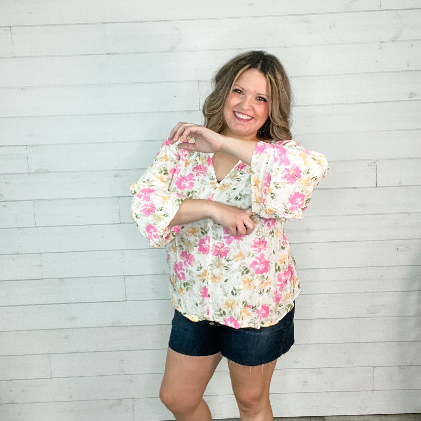 "Salutations" Floral Long Sleeve Split Neck with Faux Buttons