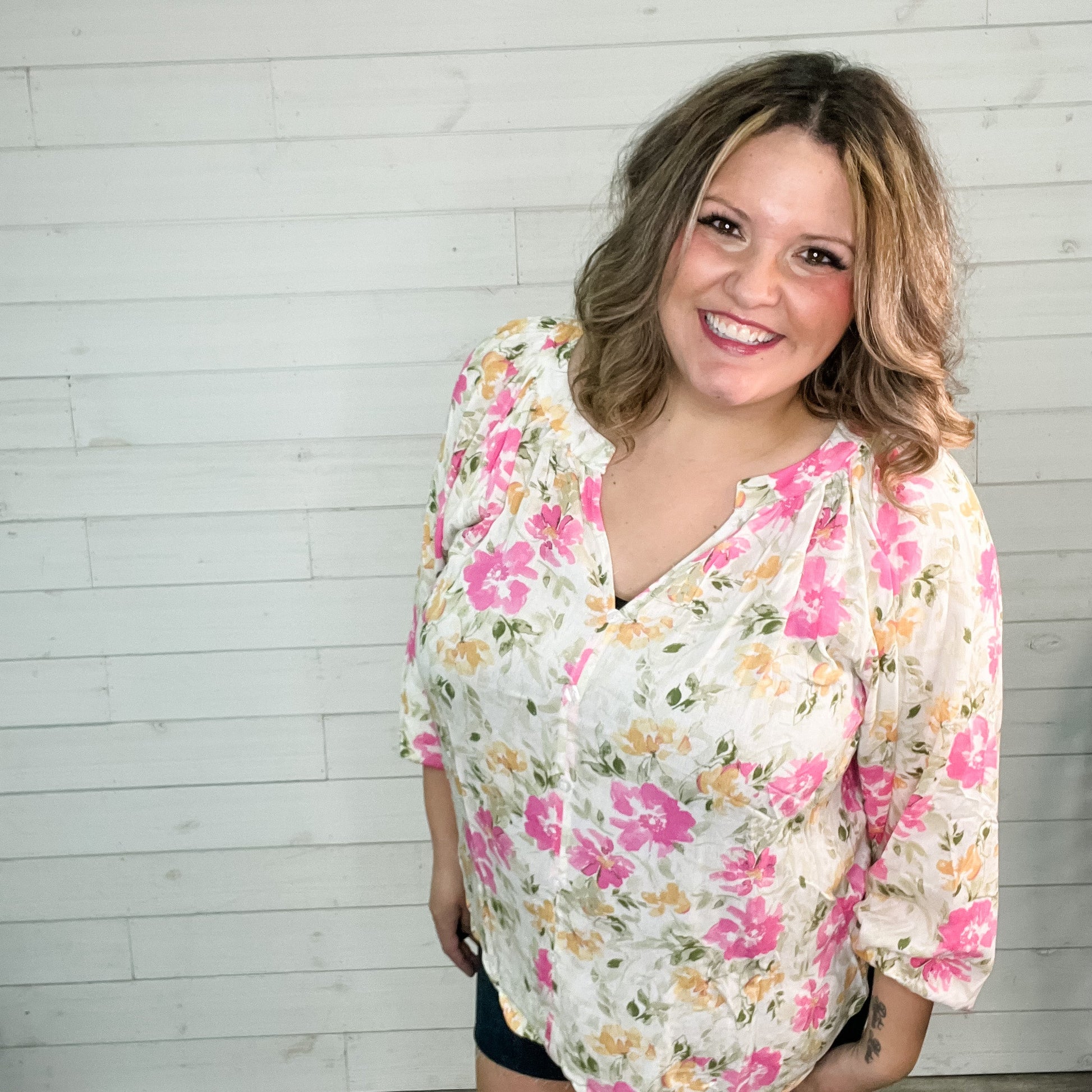 "Salutations" Floral Long Sleeve Split Neck with Faux Buttons