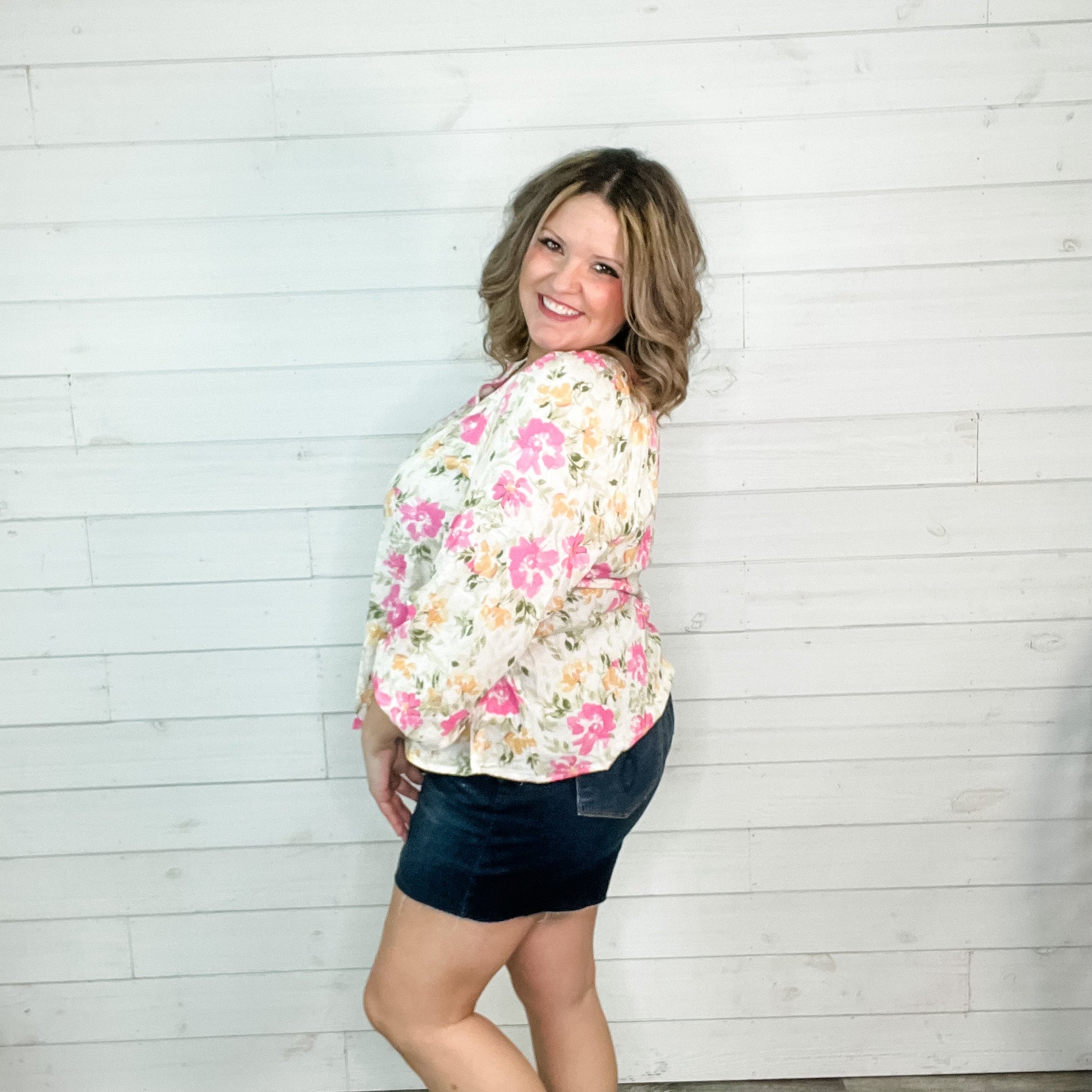 "Salutations" Floral Long Sleeve Split Neck with Faux Buttons