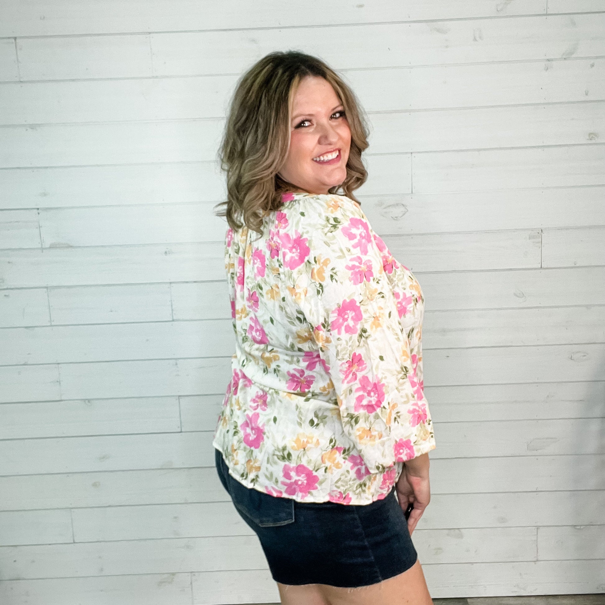 "Salutations" Floral Long Sleeve Split Neck with Faux Buttons