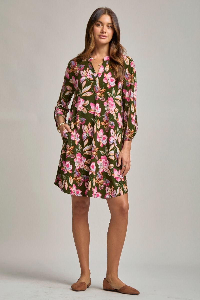 Dear Scarlett "Sodium" 3/4 Sleeve Split Neck Dress with Pockets