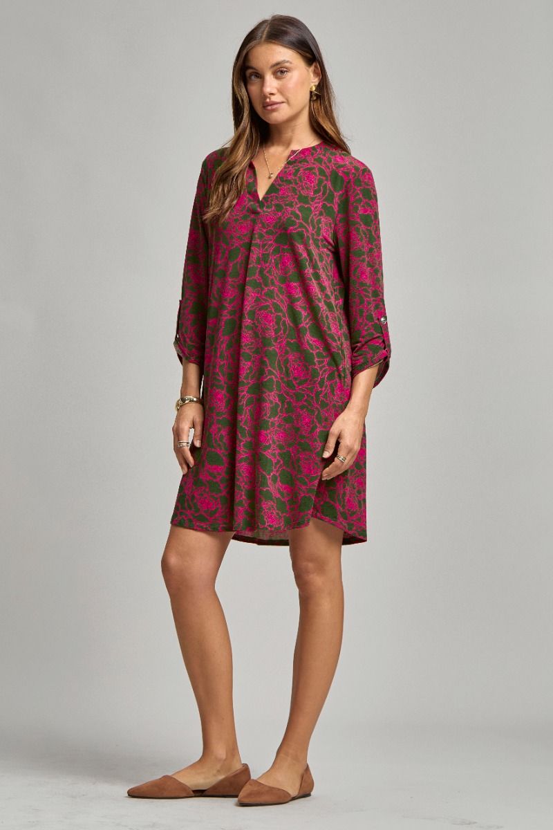 Dear Scarlett "Magnesium" 3/4 Sleeve Split Neck Dress with Pockets