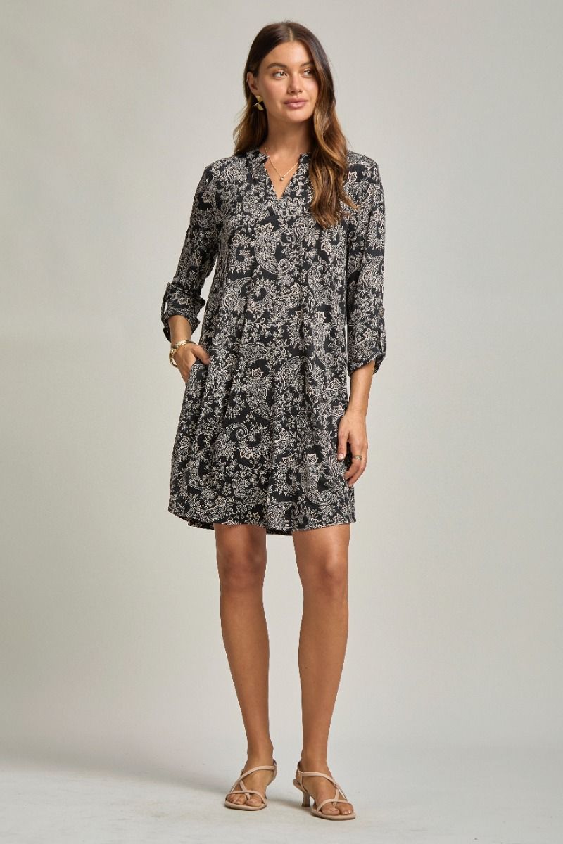 Dear Scarlett "Nickel" 3/4 Sleeve Split Neck Dress with Pockets