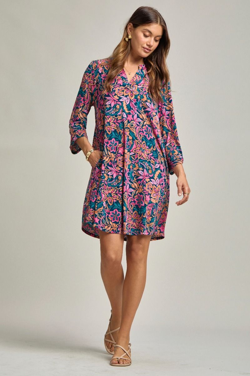 Dear Scarlett "Carbon" 3/4 Sleeve Split Neck Dress with Pockets