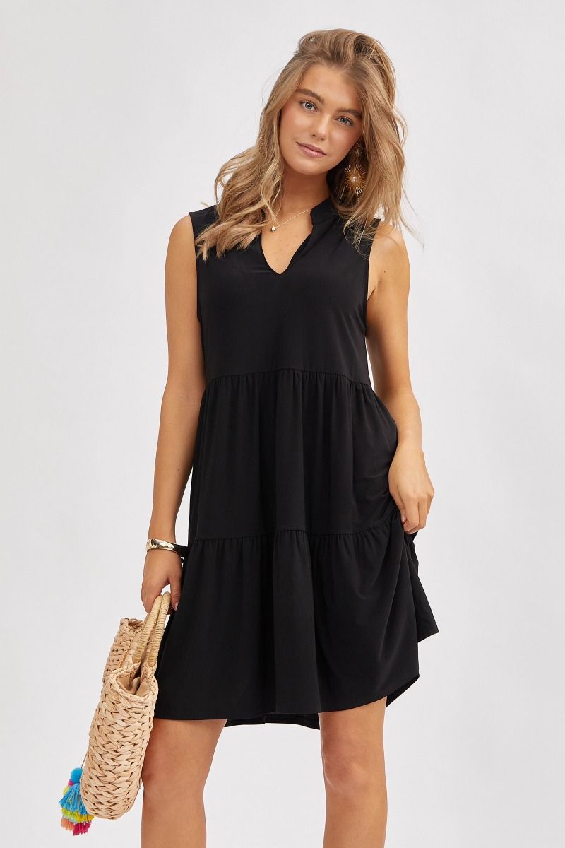 "Amos" Sleeveless Split Neck Tiered Dress (Black)