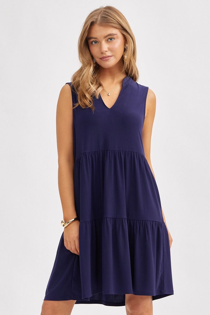 "Amos" Sleeveless Split Neck Tiered Dress (Navy)