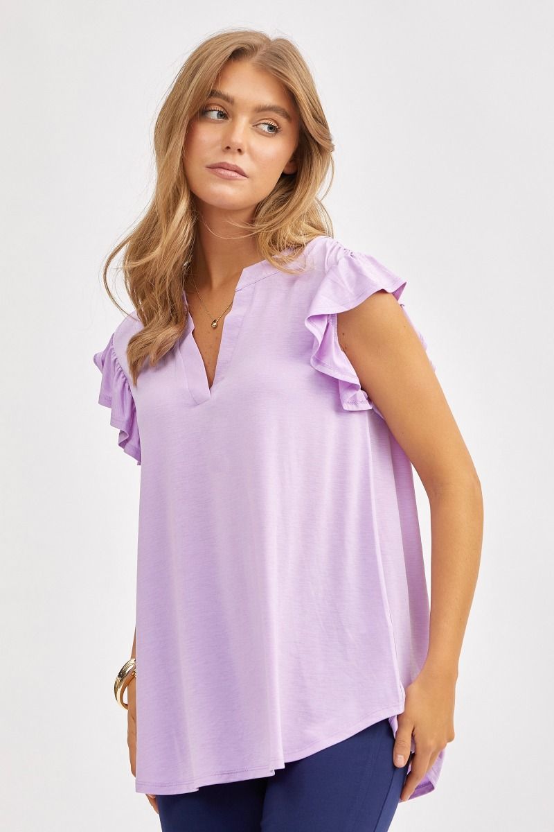 "One More Round" Flutter Ruffle Cap Sleeve Split Neck (Lilac)
