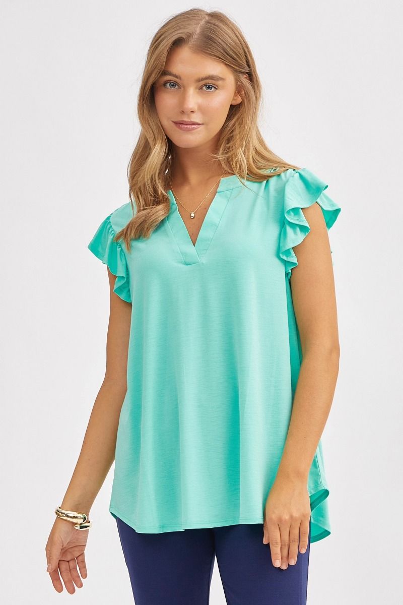"One More Round" Flutter Ruffle Cap Sleeve Split Neck (Mint)