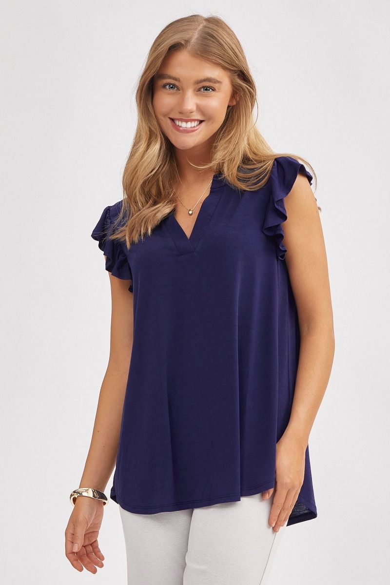 "One More Round" Flutter Ruffle Cap Sleeve Split Neck (Navy)