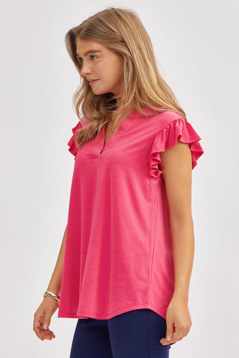 "One More Round" Flutter Ruffle Cap Sleeve Split Neck (Pop Pink)