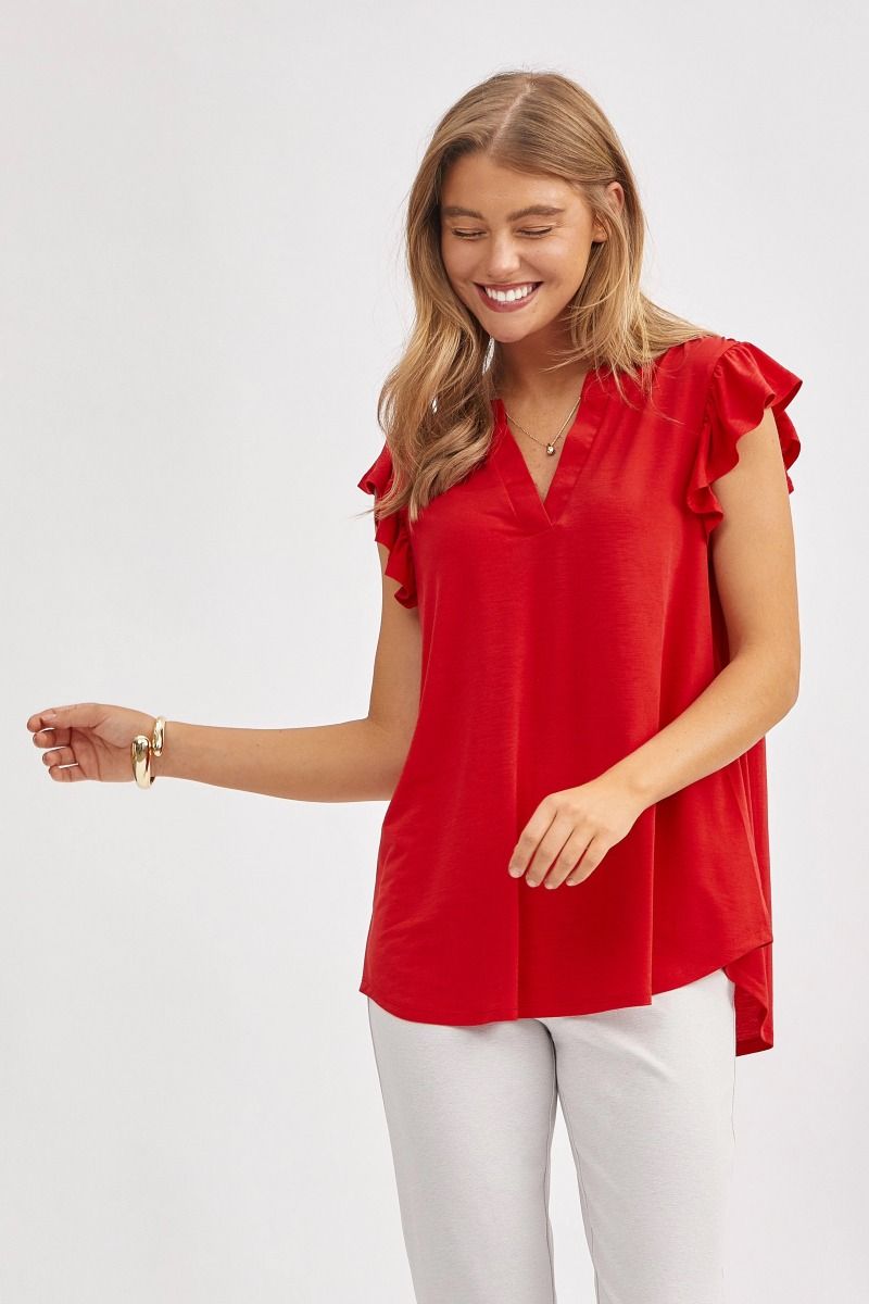 "One More Round" Flutter Ruffle Cap Sleeve Split Neck (Red)