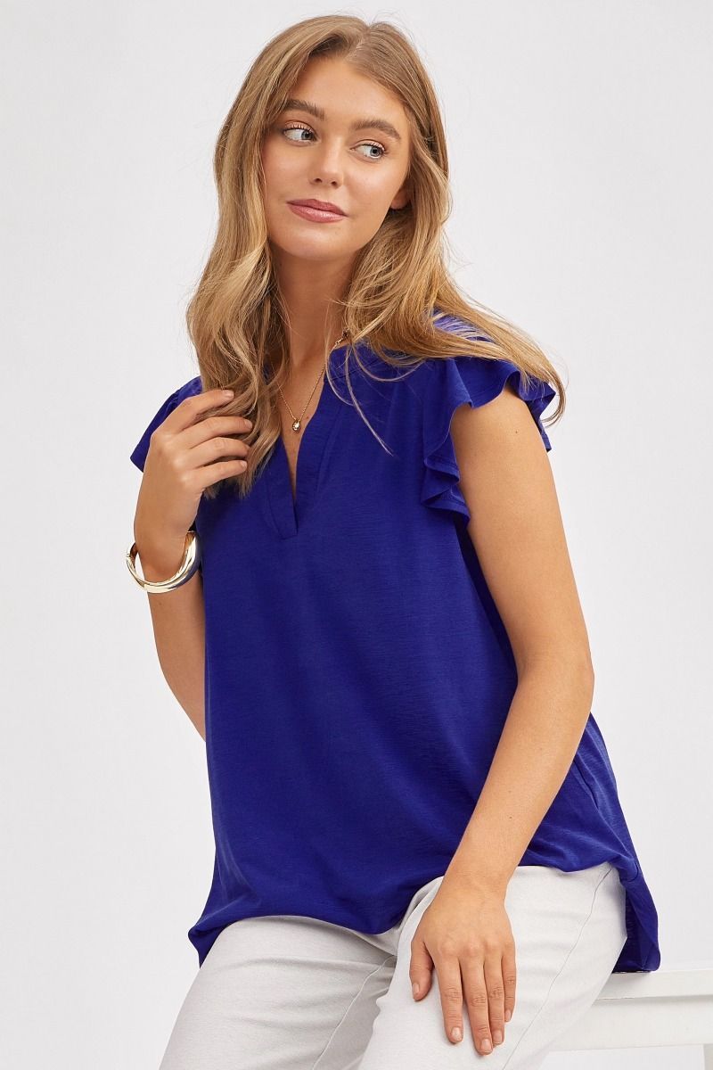 "One More Round" Flutter Ruffle Cap Sleeve Split Neck (Royal Blue)