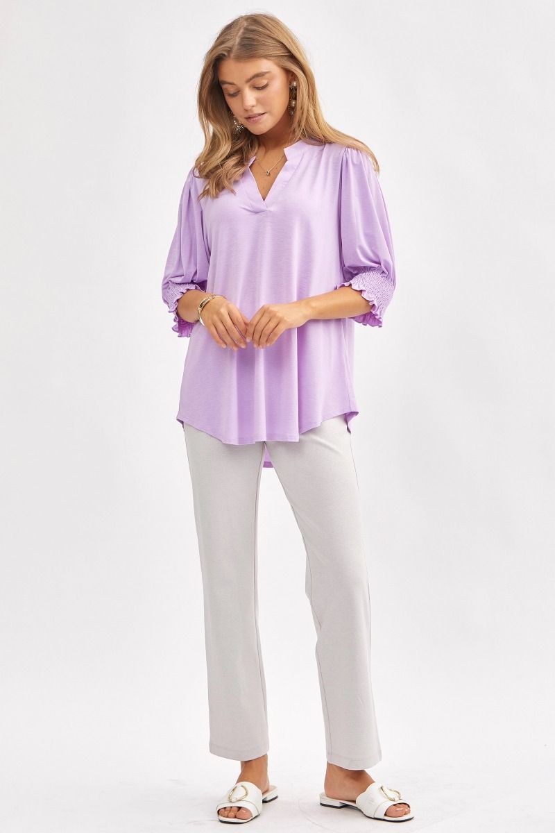 "Shocking" 3/4 Smocked Sleeve Split Neck (Lilac)