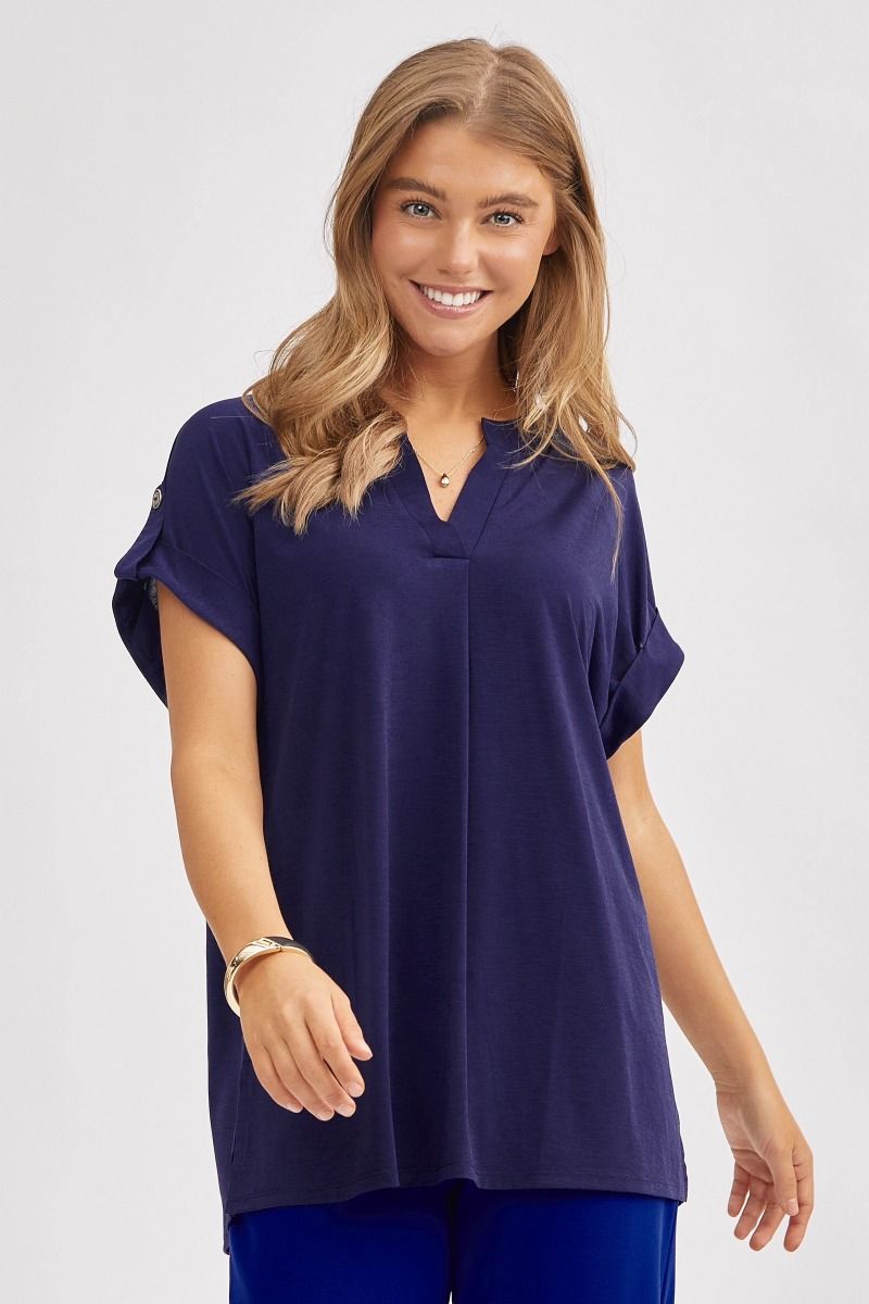 "Smarter Than You Think" Split Neck Cuffed Short Sleeve (Navy)