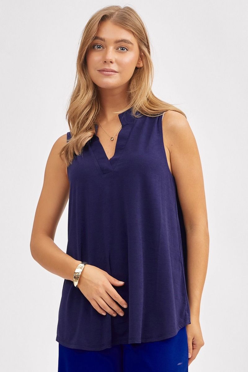 "Ok Maybe This" Sleeveless Split Neck (Navy)