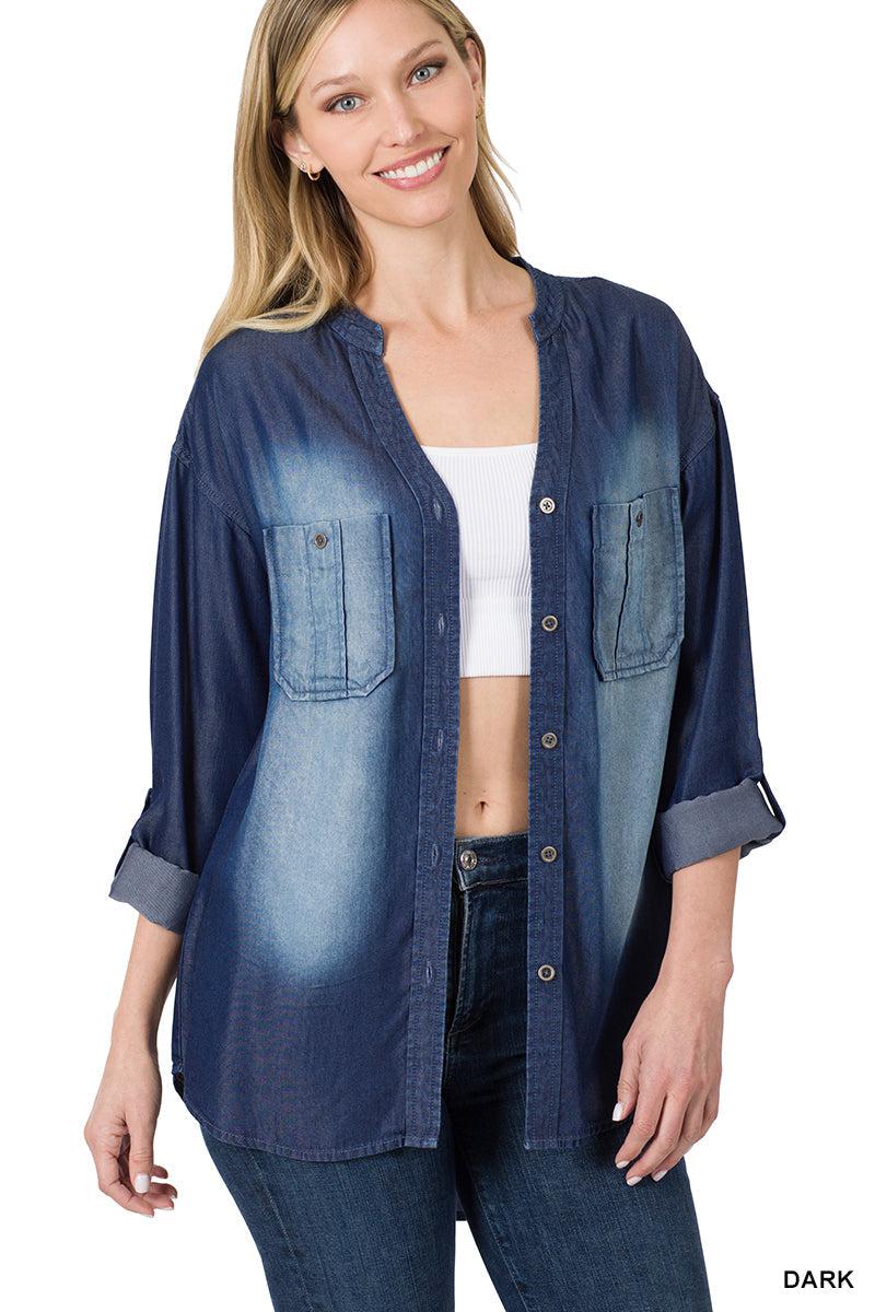 "Shania" Chambray Rolled Sleeve Hi Low (2 Shades)