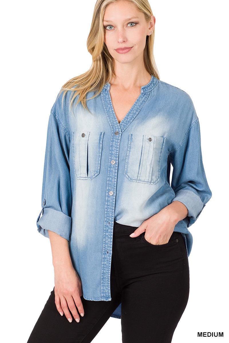 "Shania" Chambray Rolled Sleeve Hi Low (2 Shades)