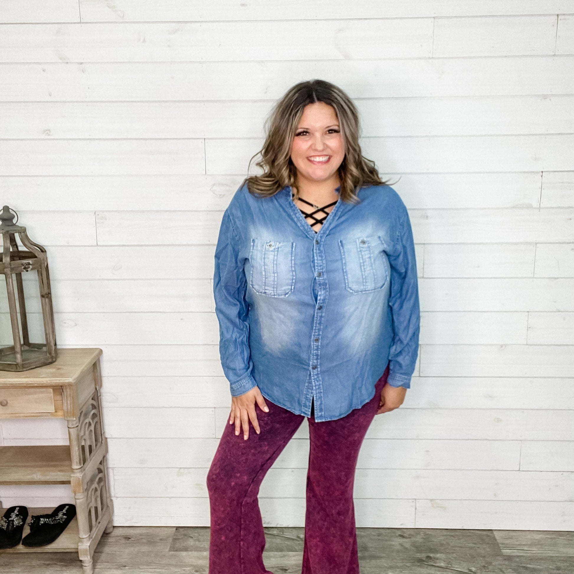 "Shania" Chambray Rolled Sleeve Hi Low (2 Shades)