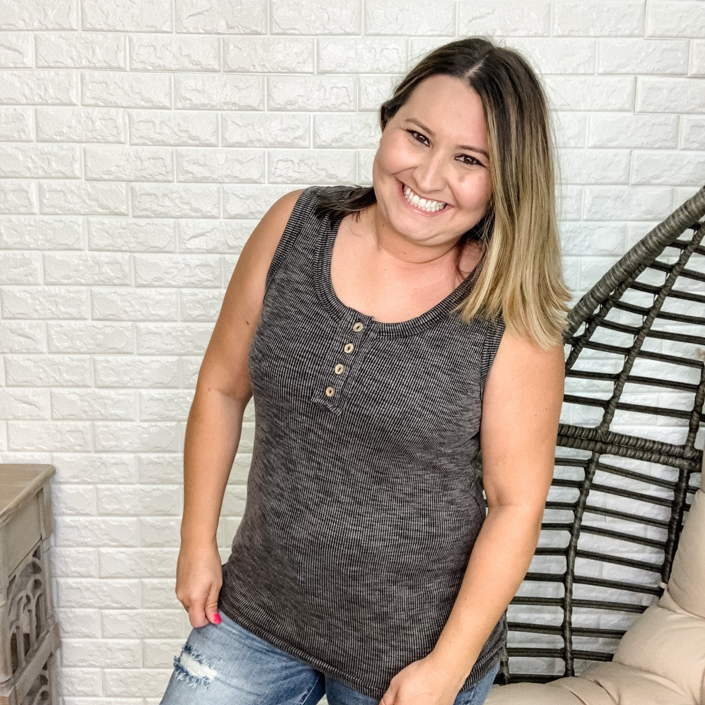 "Shay" Ribbed Henley Tank (Black)-Lola Monroe Boutique