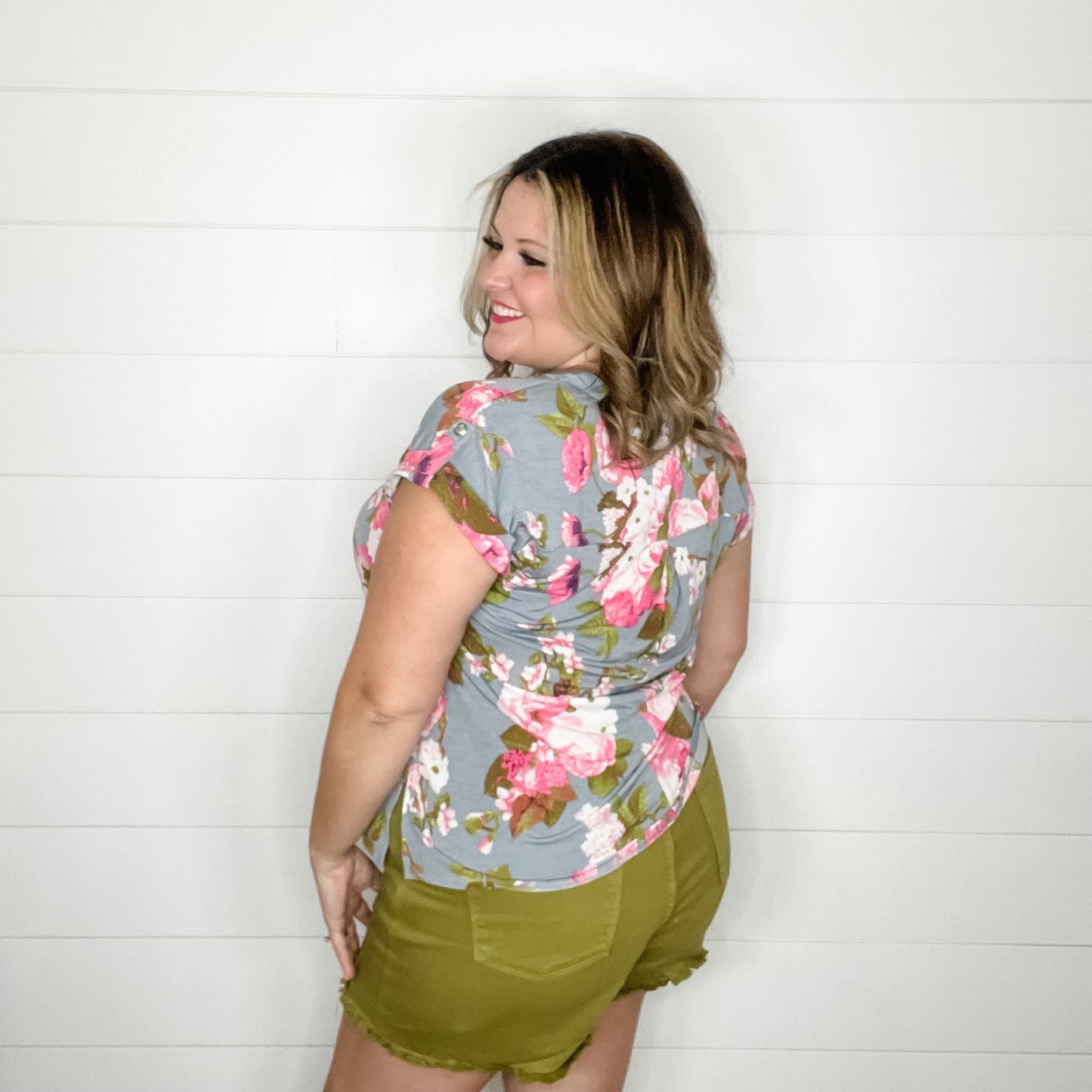 "Shelton" Floral Split Neck Cuffed Short Sleeve