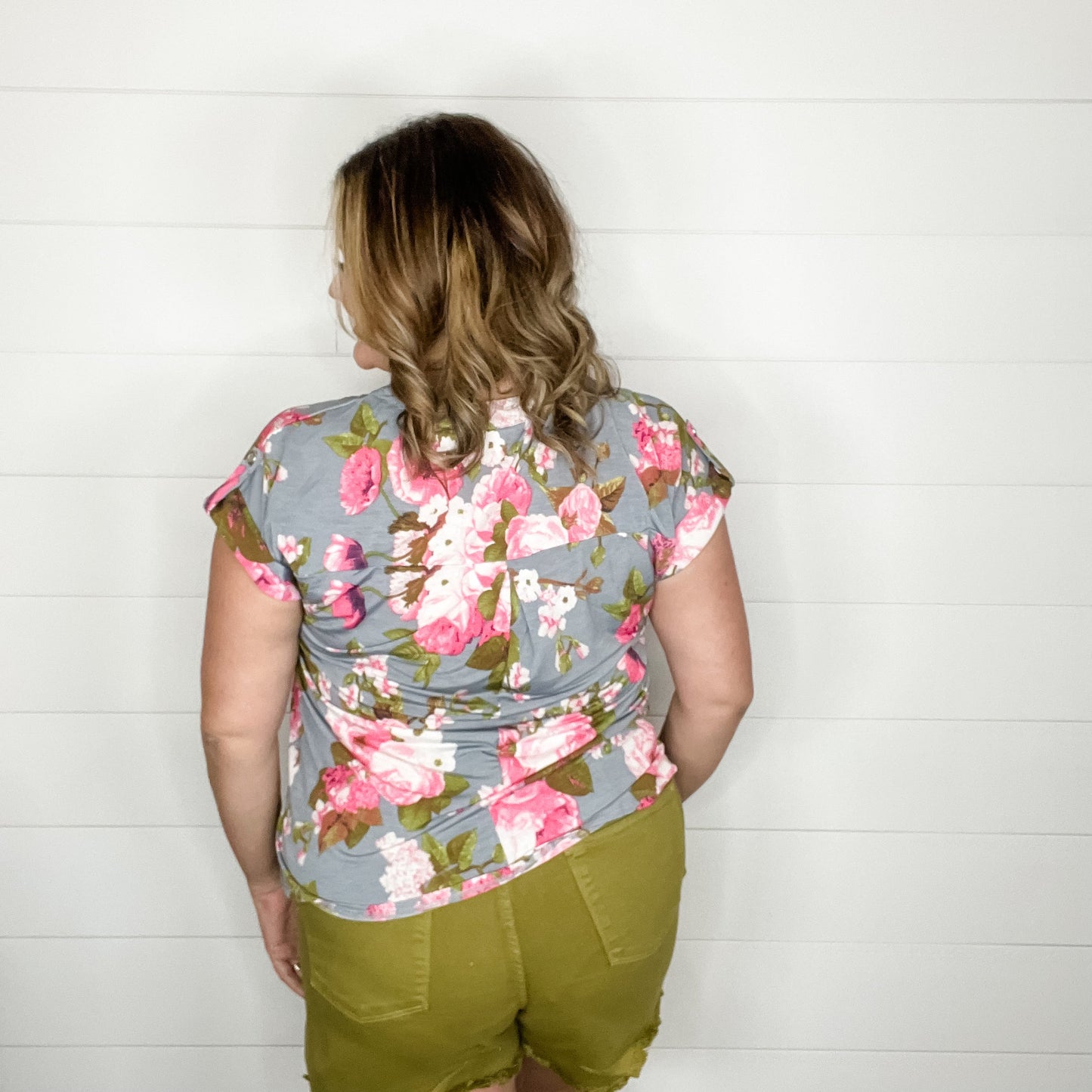 "Shelton" Floral Split Neck Cuffed Short Sleeve