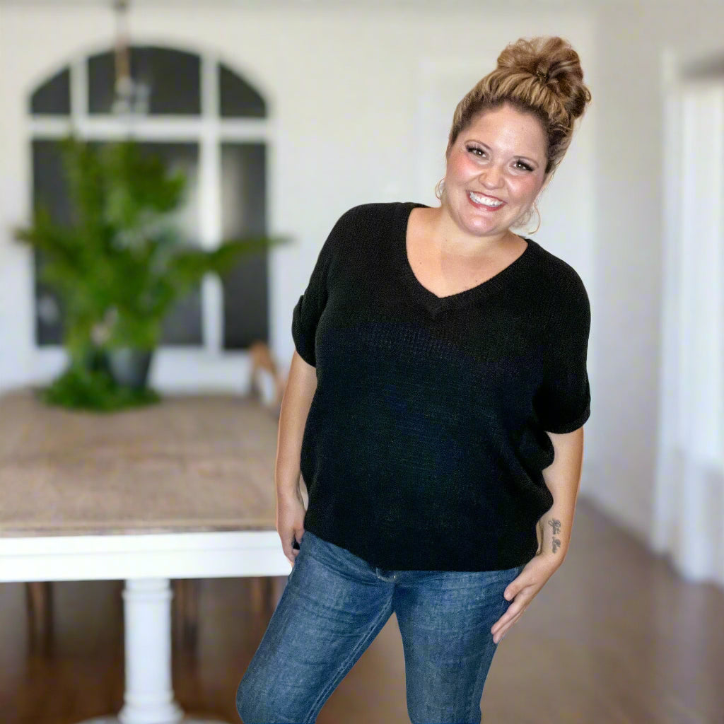 "Short On Time" Cuffed Short Sleeve V Neck Sweater (Multiple Colors)
