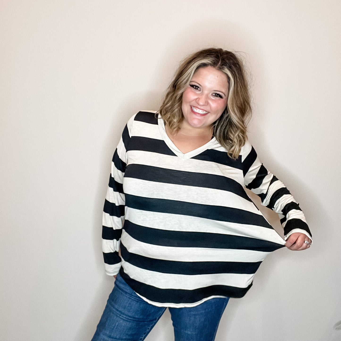 "Shout Out" Long Sleeve Stripe V Neck