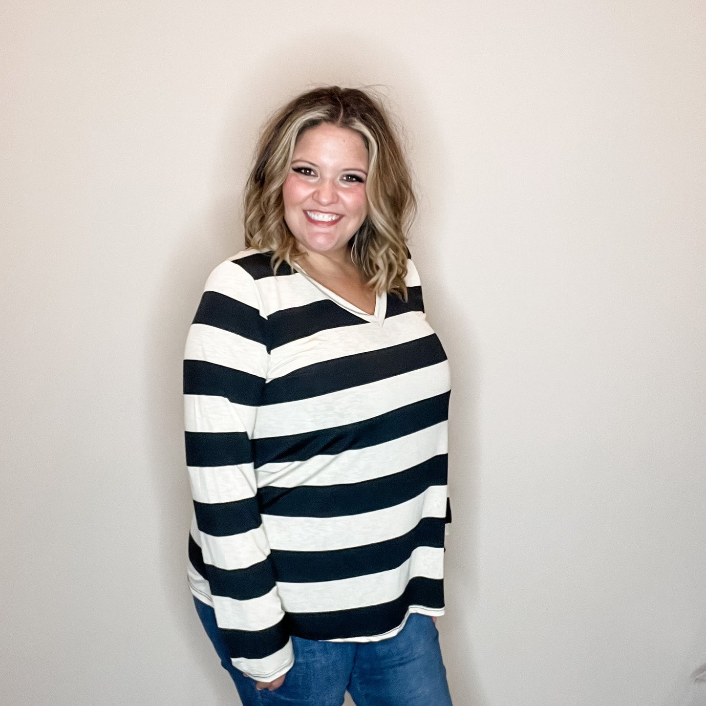 "Shout Out" Long Sleeve Stripe V Neck
