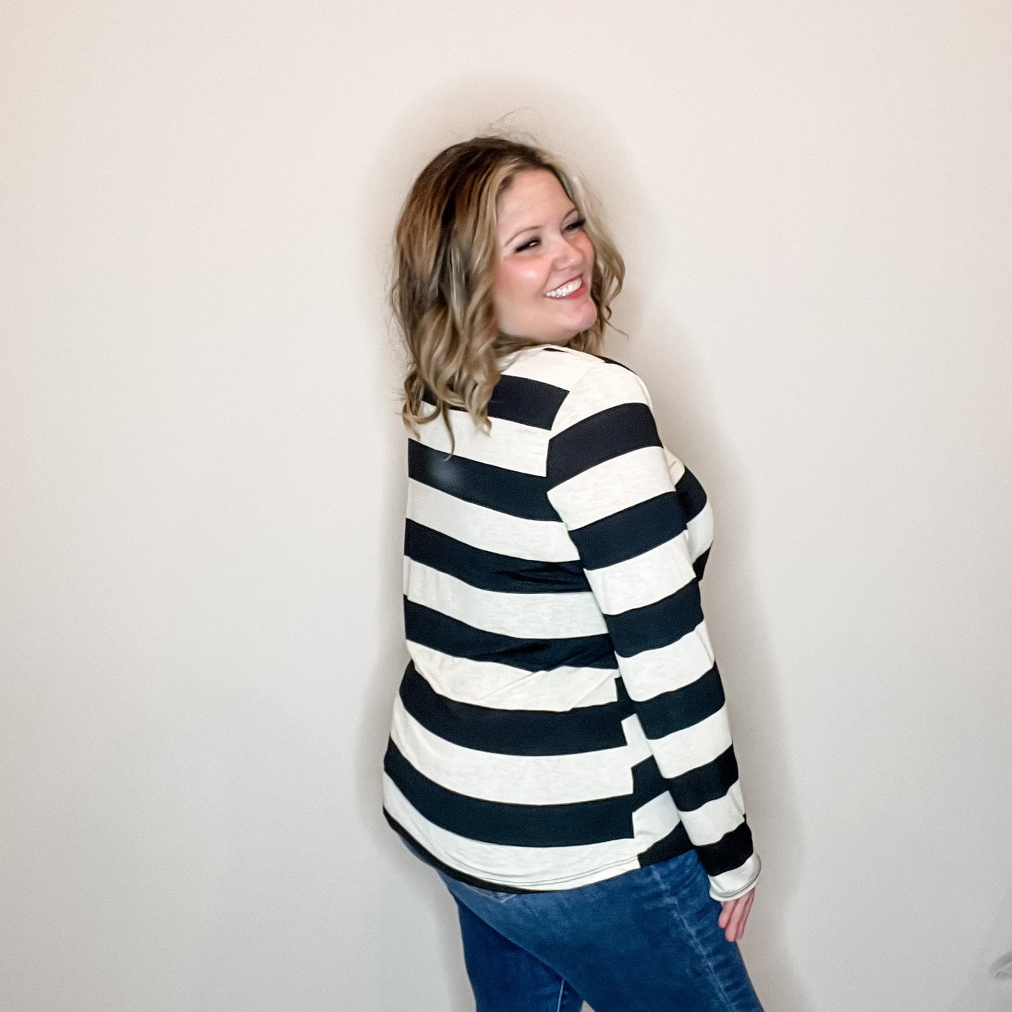 "Shout Out" Long Sleeve Stripe V Neck
