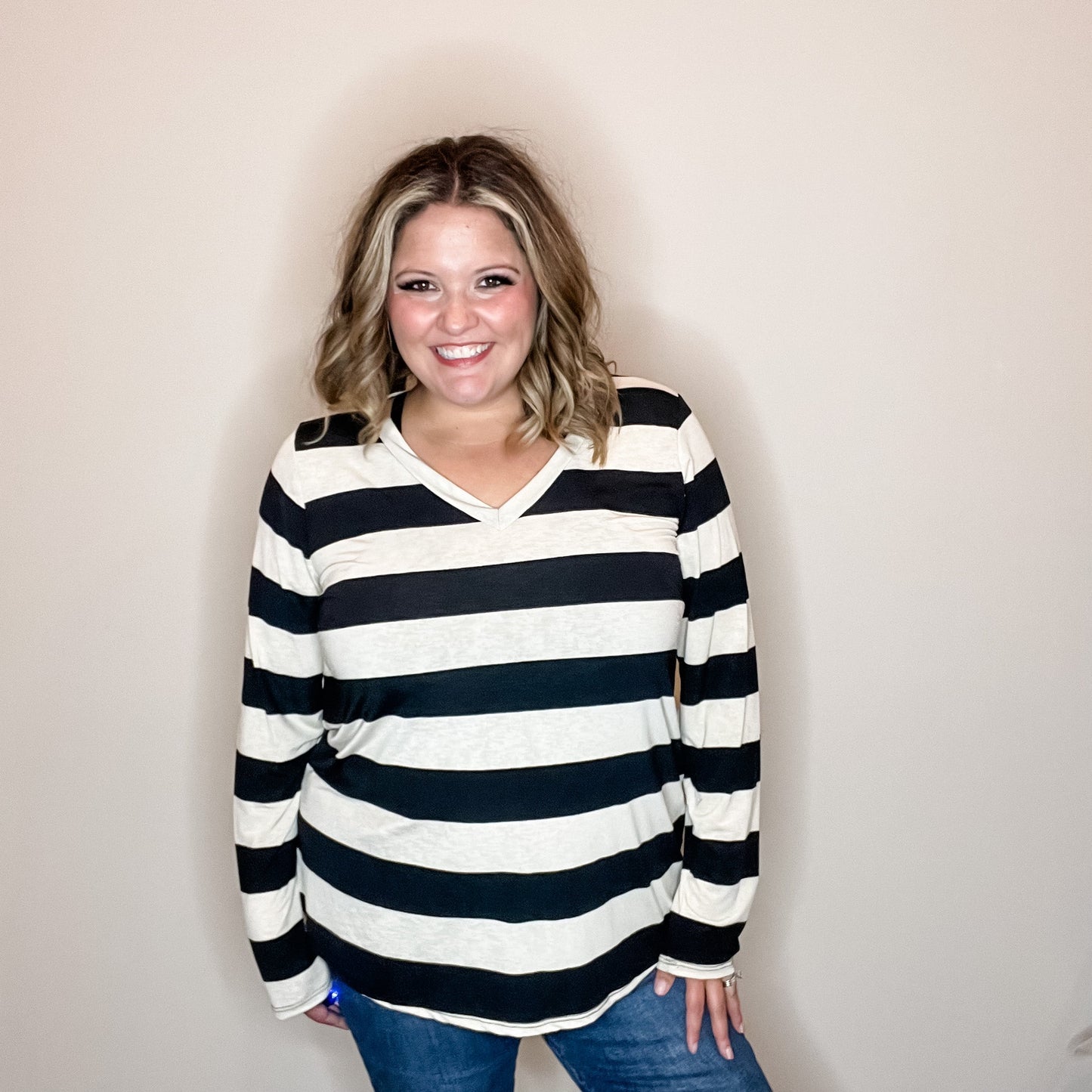 "Shout Out" Long Sleeve Stripe V Neck