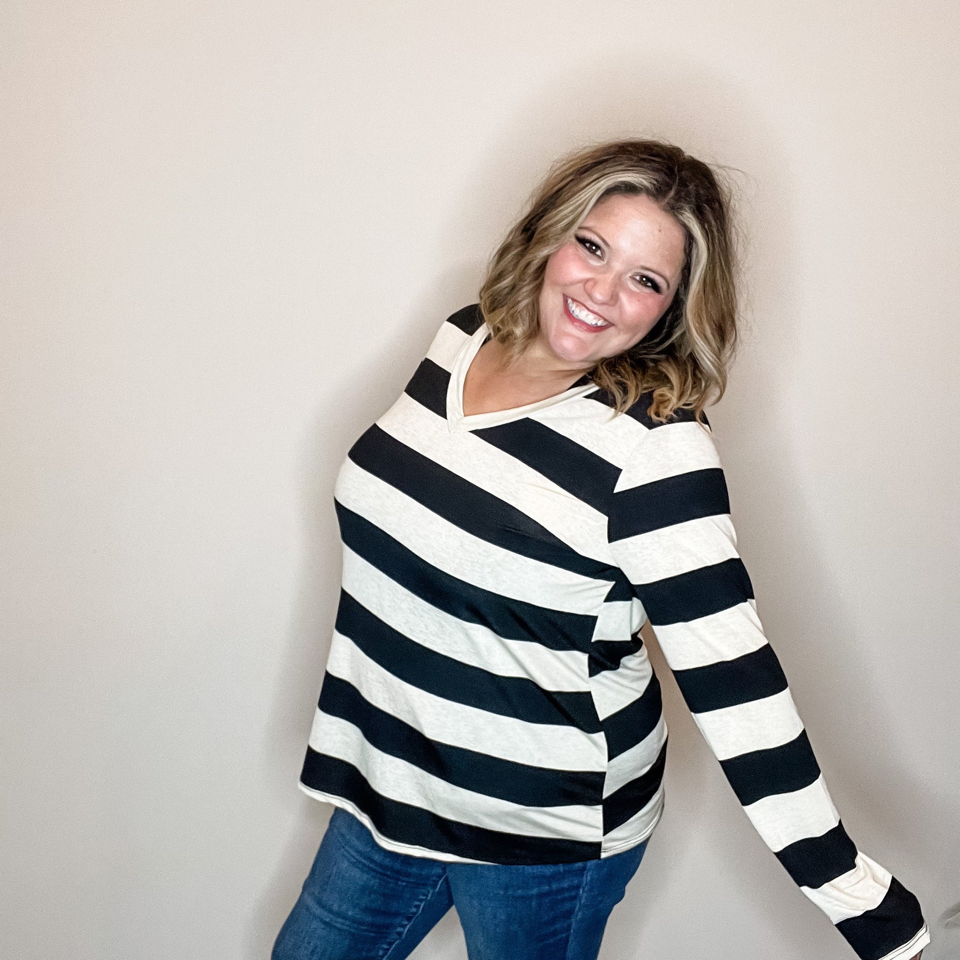 "Shout Out" Long Sleeve Stripe V Neck