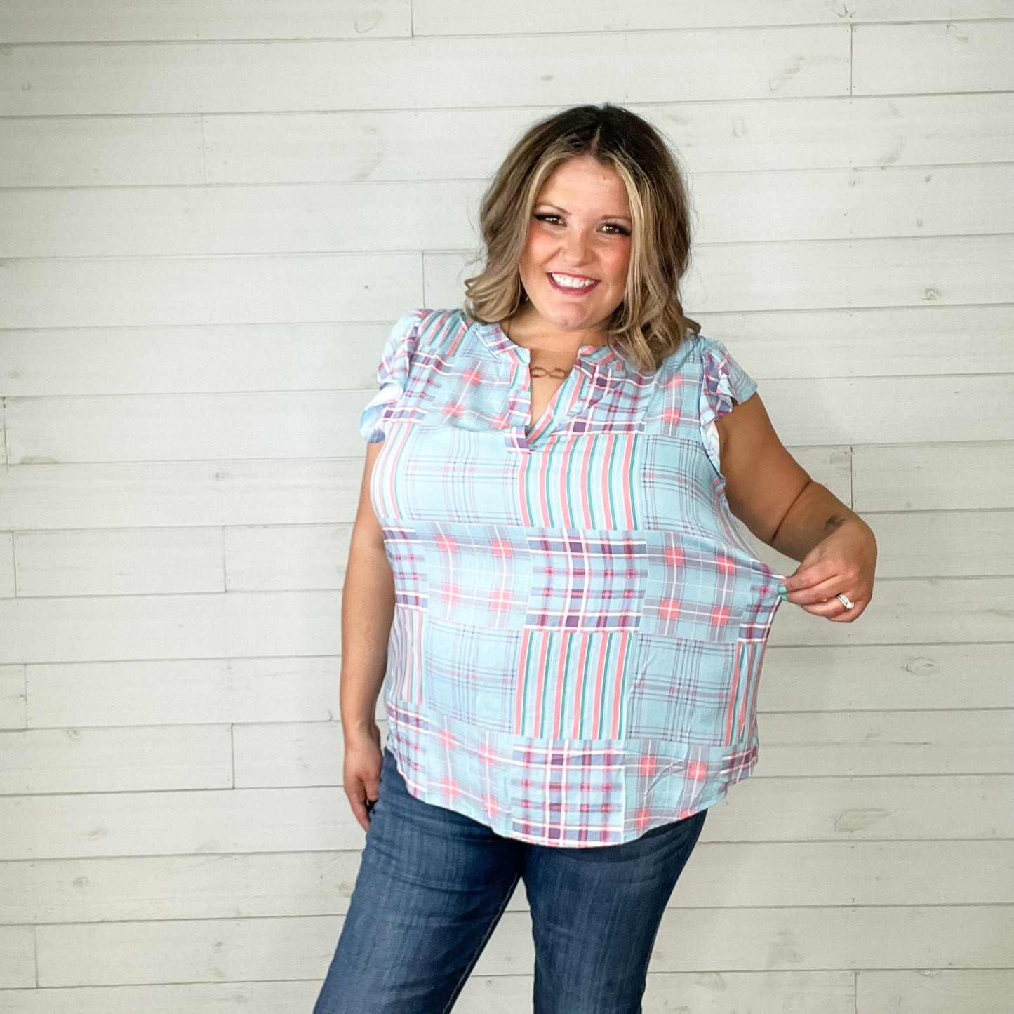 "Simon" Plaid Sleeveless Ruffle Cap Split Neck