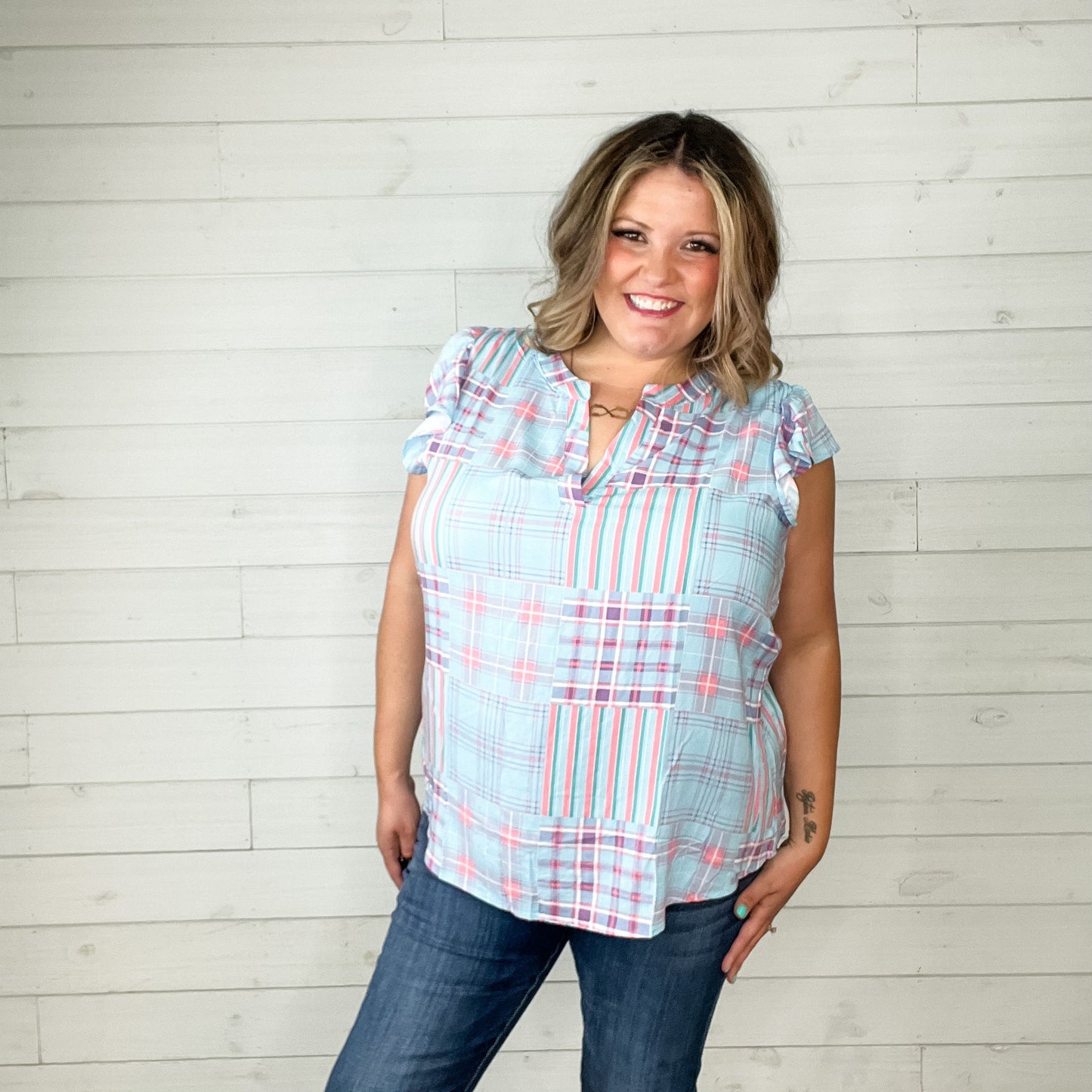 "Simon" Plaid Sleeveless Ruffle Cap Split Neck