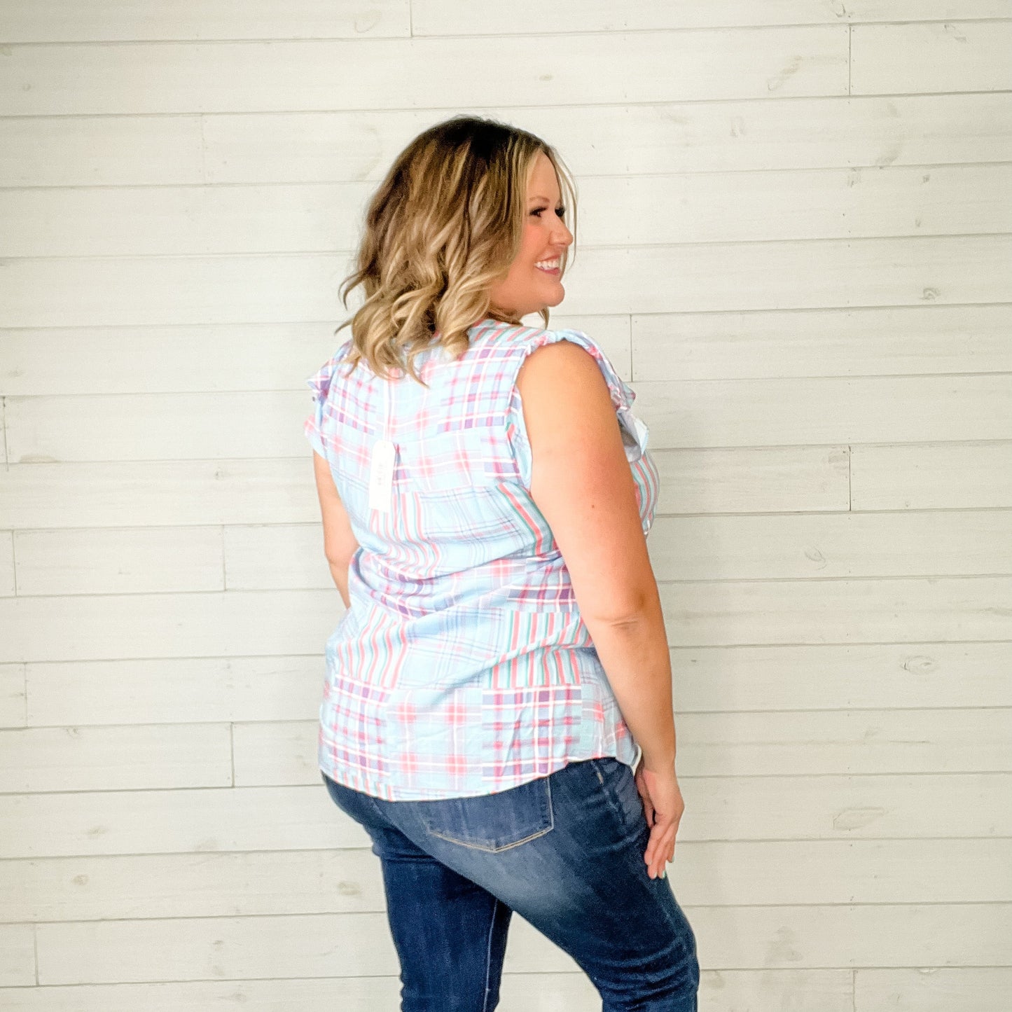 "Simon" Plaid Sleeveless Ruffle Cap Split Neck