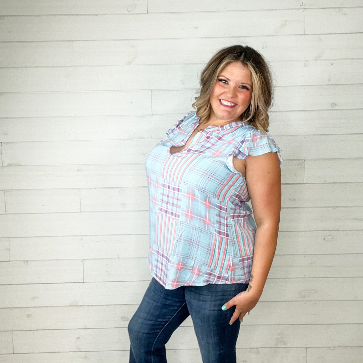 "Simon" Plaid Sleeveless Ruffle Cap Split Neck