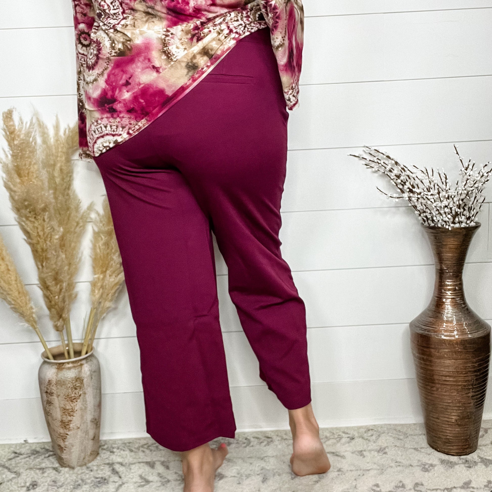 "Slight of Hand" Pull On Wide Leg Crop Trousers (Wine)