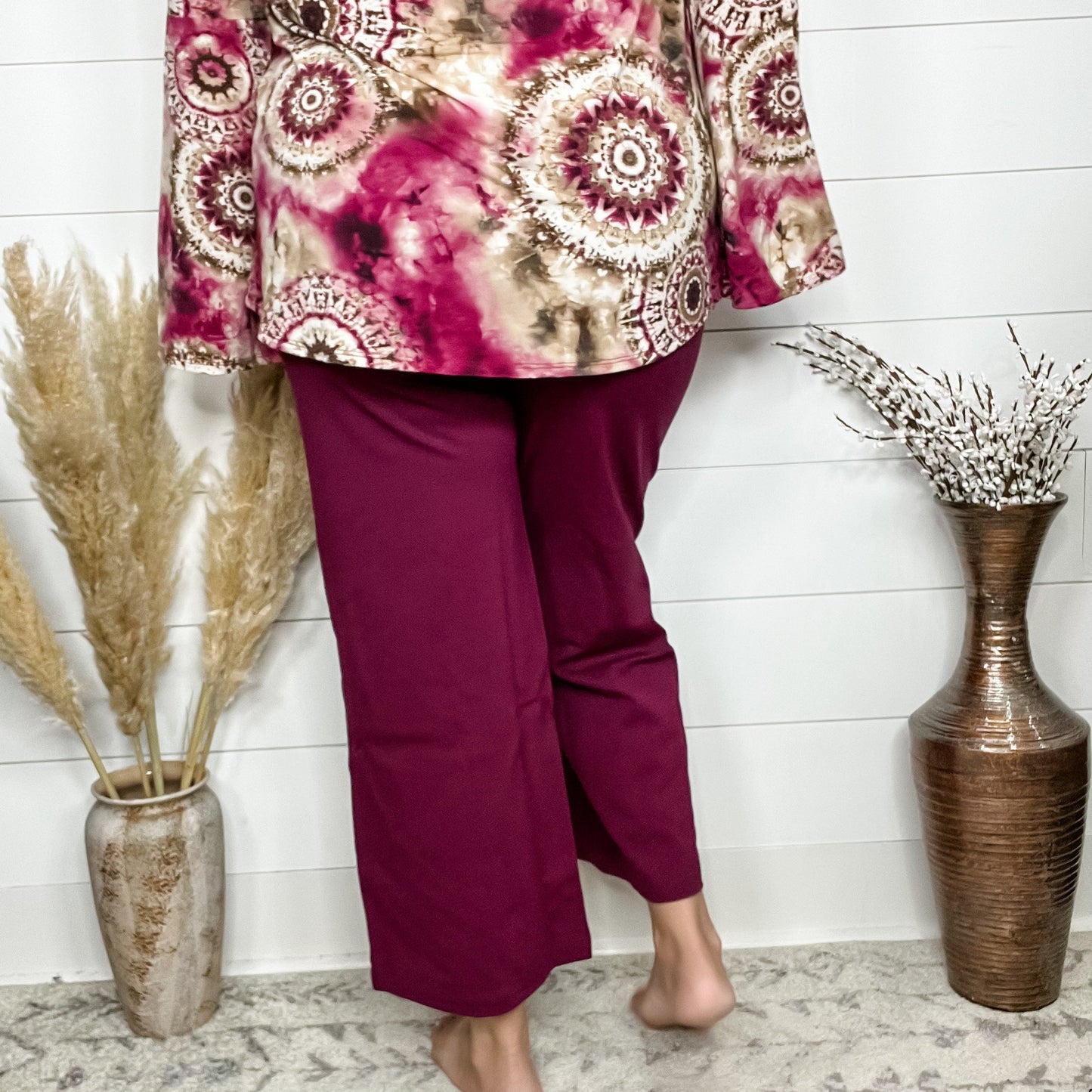 "Slight of Hand" Pull On Wide Leg Crop Trousers (Wine)
