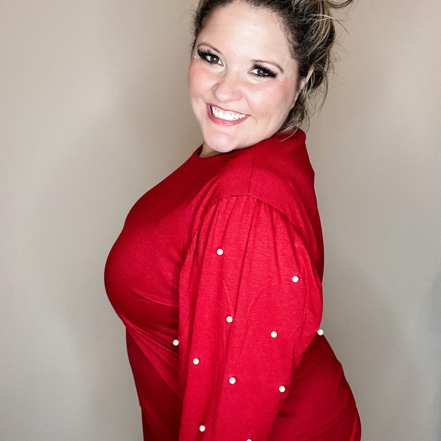"Snazzy" Long Balloon Sleeve with Pearl Accents (Maroon)