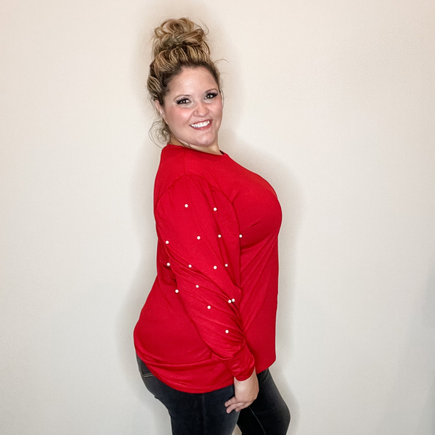"Snazzy" Long Balloon Sleeve with Pearl Accents (Maroon)