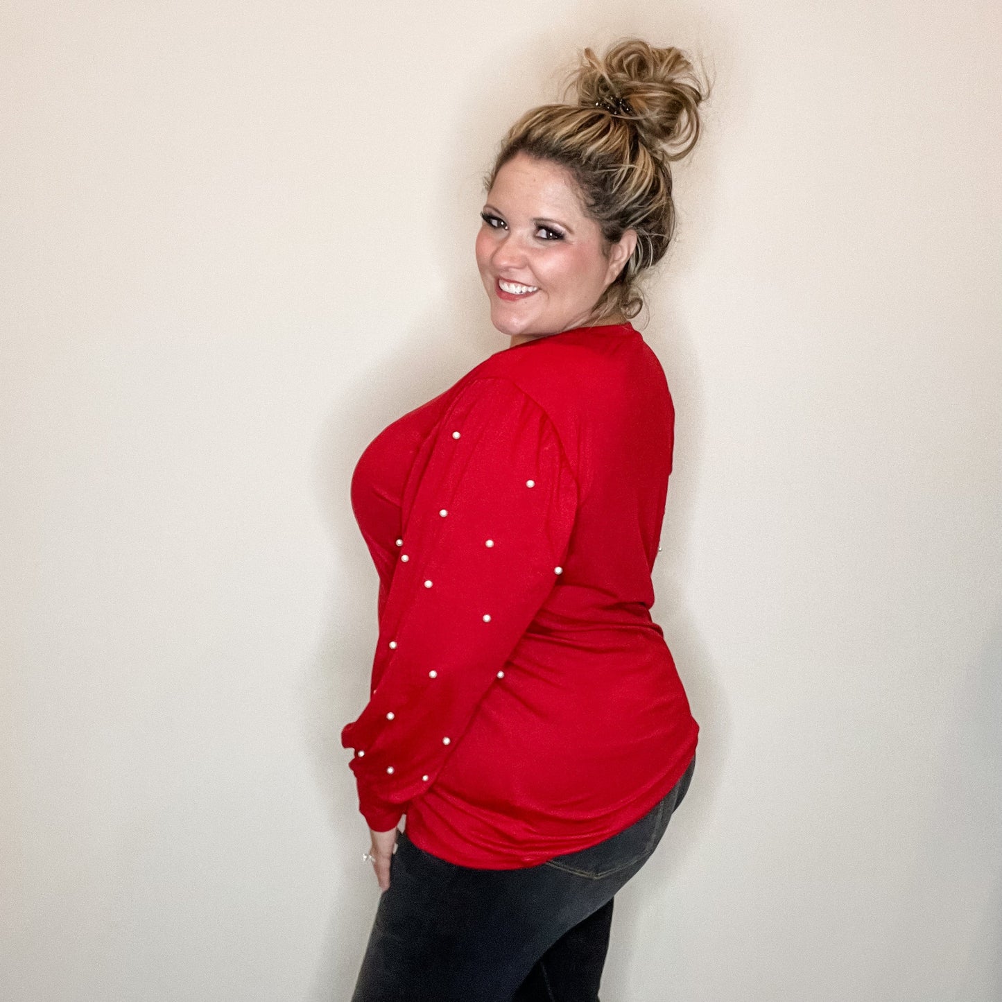 "Snazzy" Long Balloon Sleeve with Pearl Accents (Maroon)