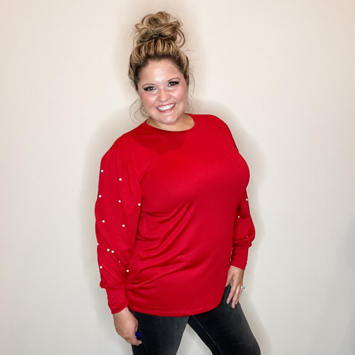 "Snazzy" Long Balloon Sleeve with Pearl Accents (Maroon)