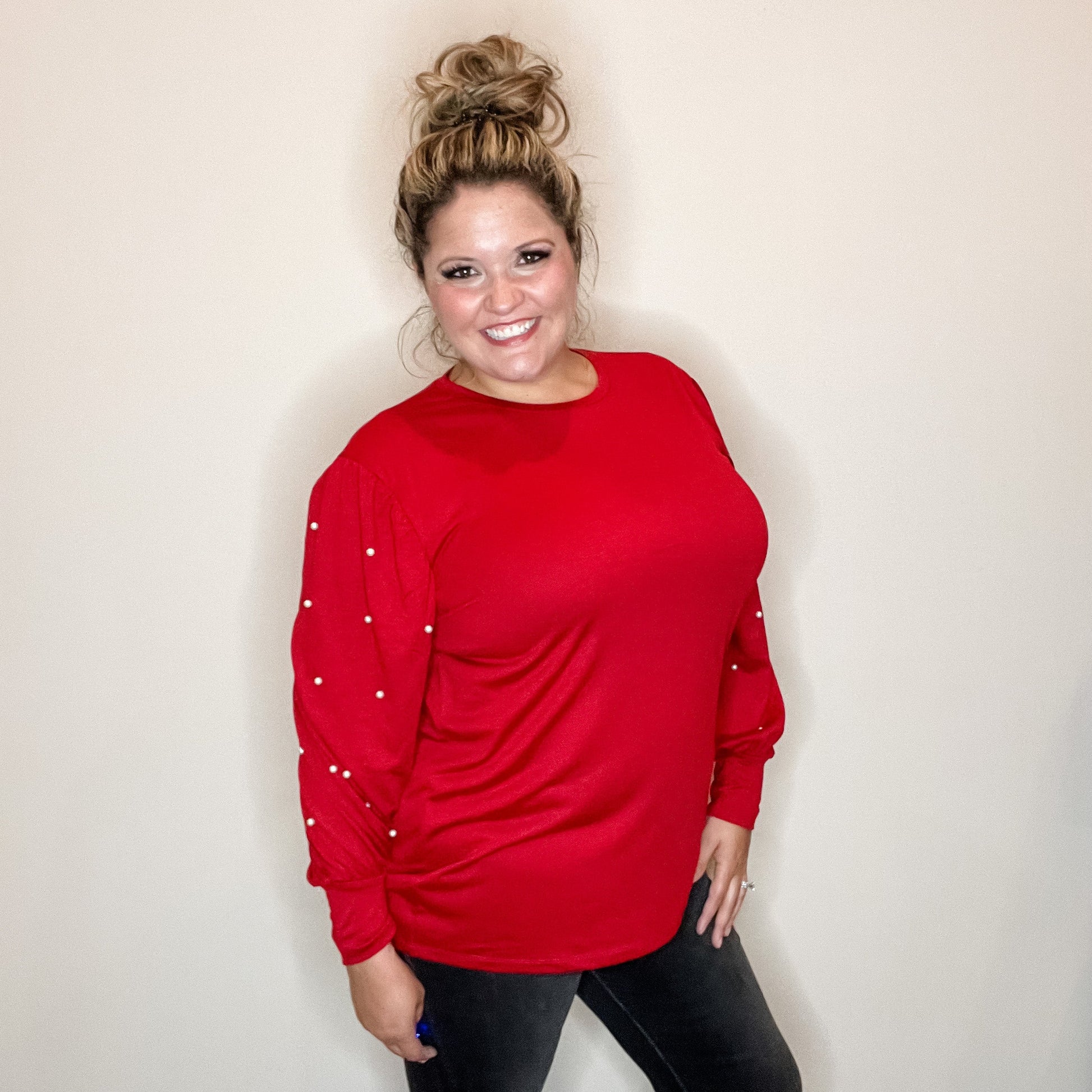 "Snazzy" Long Balloon Sleeve with Pearl Accents (Maroon)