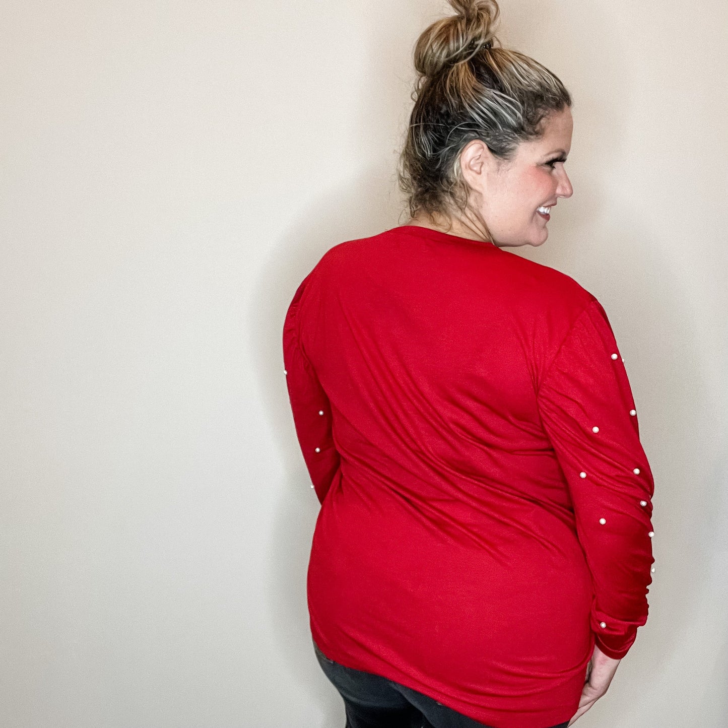 "Snazzy" Long Balloon Sleeve with Pearl Accents (Maroon)